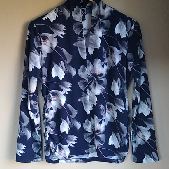 Clara Sun Woo Floral Blue LS Career Blouse Size M - Picture 1 of 7